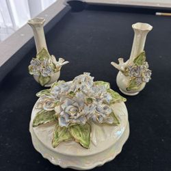 Vintage Porcelain Hand Painted Vase And Bowl With Cover