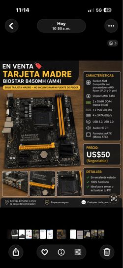 Tarjeta Madre BIOSTAR B450MH AM4 - Solo Motherboard