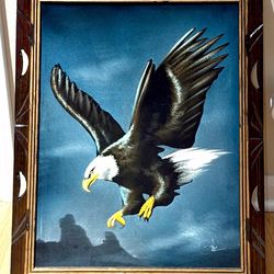 Framed Flying Bald Eagle Black Velvet Felt Painting- Jose-David Ortiz-Mexico- Vintage-1970s