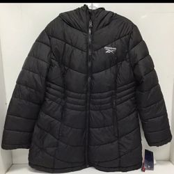 Reebok Women’s Winter Jacket Faux Fur Black Reversible Quilted Puffer Size Large 