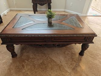 Ornate Carved Wood Coffee Table with Marble Inlays
