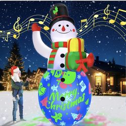 12  Ft Christmas Inflatables Snowman Built-in Music Box & Rotating Colorful LED Lights, Christmas Inflatable Outdoor Blow Up Yard Decoration