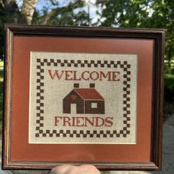 Vintage Welcome Friends Cross Stitch Framed Art