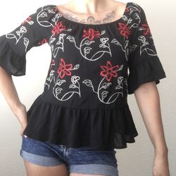 Candie's Black Floral Bell Sleeve Top