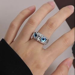 Vintage Cute Blue Eye Owl Ring for Women Men 925 Sterling Silver Open Animal Rings Adjustable Statement Ring