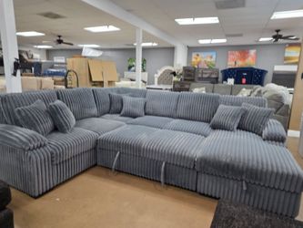 Large Gray Corduroy Sectional Sofa with Chaise and BED