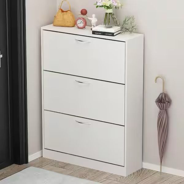 47.2 in. H x 31.6 in. W, White Wood Shoe Storage Bench, Simple and Fashion Shoes Cabinet, 3-Tilt-Out Drawers