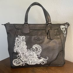 Coach Mickie Satchel Handbag In Pewter With Henna Design
