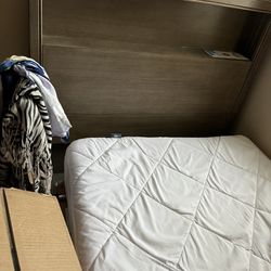 twin bed bookshelf headboard mattress and nightstand 