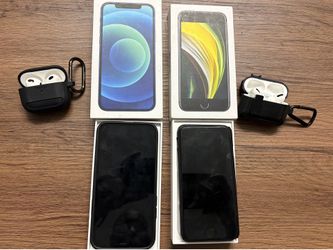 (2) iPhones and (2) AirPods  iPhone 12 and SE