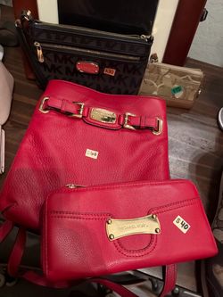 Michael Kors Red Leather Bag and Wallet Set