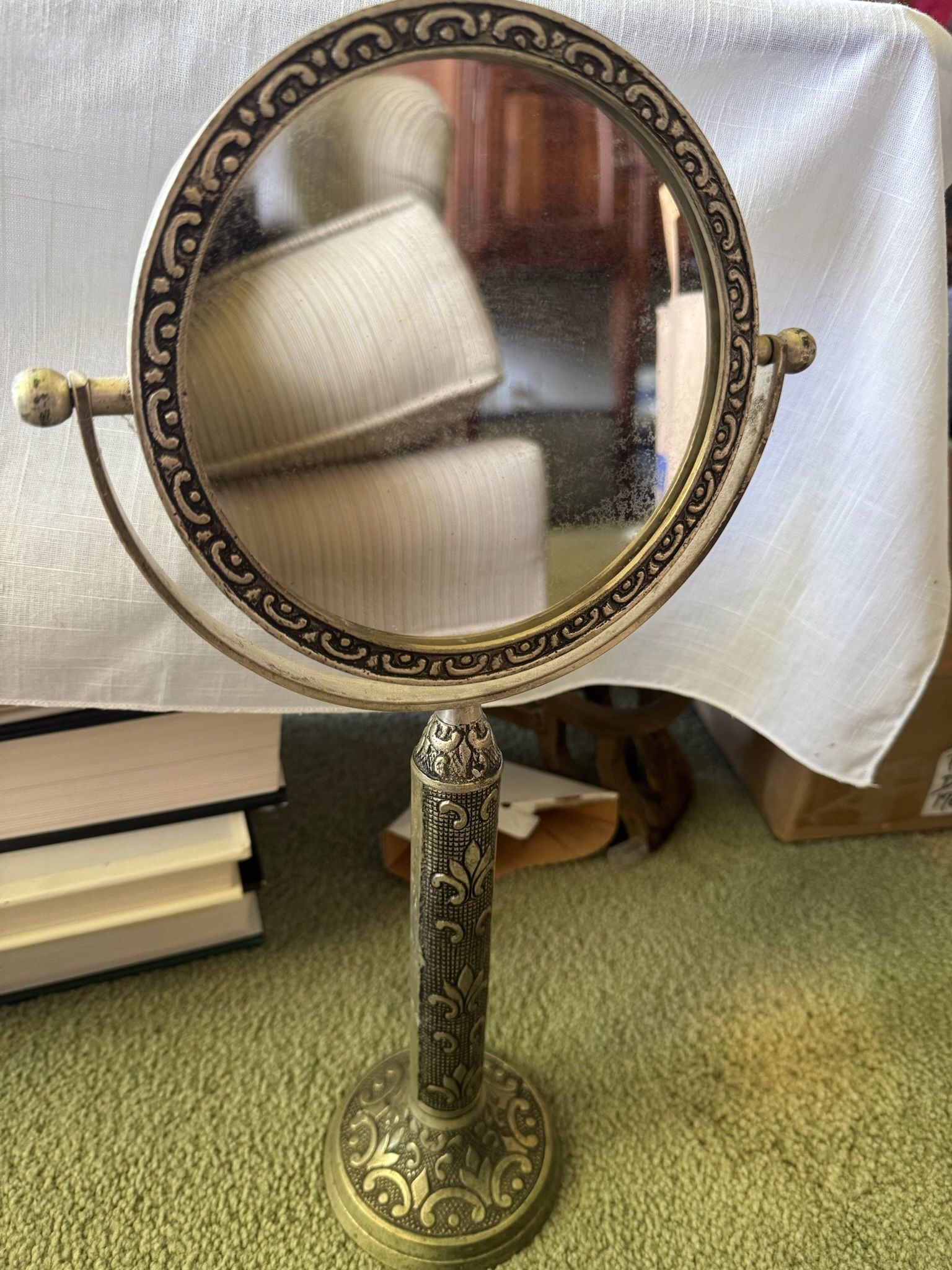 Gold Brass Frame Round Vanity Tabletop Standing Swivel Double Sided Mirror 15"