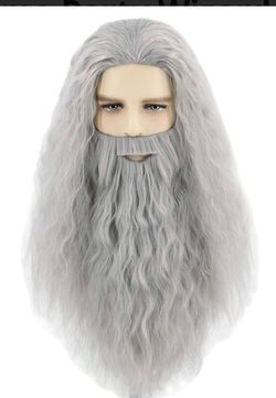 Long Gray Wizard Wig and Beard Halloween Wig Cosplay for Men Women