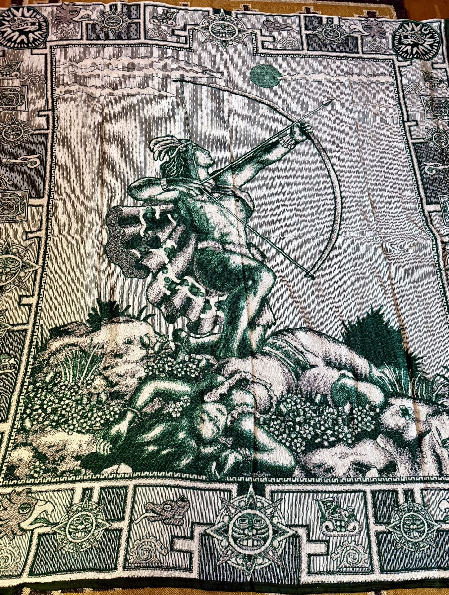 Woven MEXICAN MIXTEC WARRIOR BLANKET Archer of the Sun wall hanging throw GREEN
