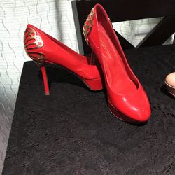 Sergio Rossi Red Heels With Gold Butterfly On Heel, Made In Italy!! Size 35 1/2, Excellent Condition No Box 
