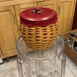 Longaberger Strawberry Wooden Basket With A Red Wooden Lid. Basket is Handwoven. 8 Inches In Height
