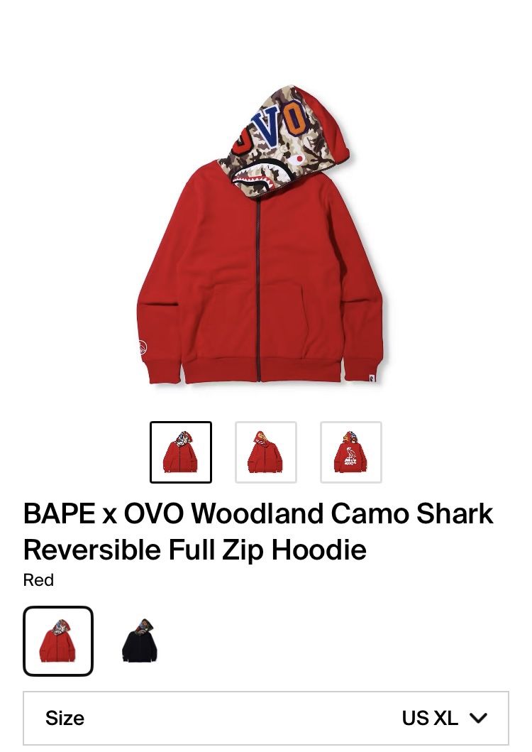 BAPE x OVO Woodland Camo Shark Reversible Full Zip Hoodie Red