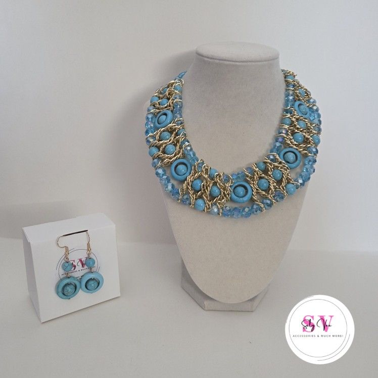 Turquoise And Gold Beaded Necklace With Matching Earrings
