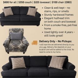 Stylish 3-Piece Living Room Set – Great Condition! $600 for all | $350 couch | $225 loveseat | $100 chair (OBO)