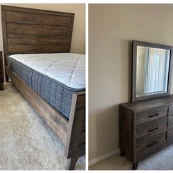 Living Spaces Queen Bed Frame, Dresser With Mirror And 1 Nightstand 