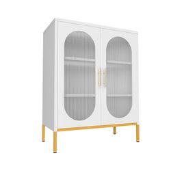 Refined White Fluted Glass 2-Door Cabinet with Adjustable Shelves & Gold Details – Perfect for Kitchen, Office & Dining Spaces