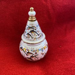 White Made In Greece Greek 24k Gold Ceramic Vase Oil/Cream Collectible Imported From Greece (Read Description)