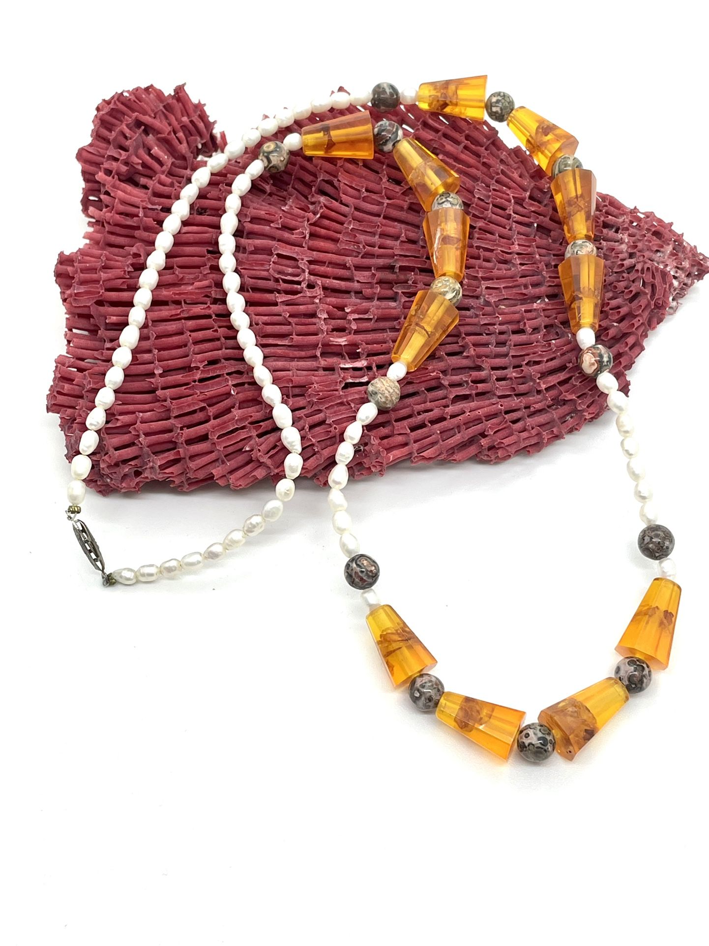 Amber And Pearl Necklace 29”