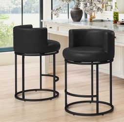 Set Of 2 LUE BONA 26.8" Counter Height Bar Stools , 180° Swivel Bar Stools, Modern Barrel Counter Stools with Back and Metal Frame, Faux Leather Uphol