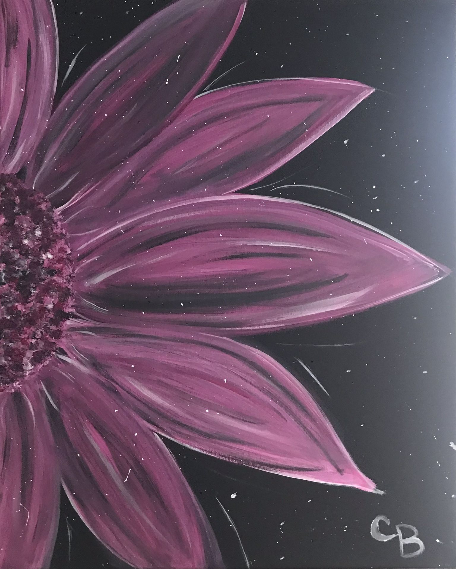 Hand Painted Purple Flower On Black Background 