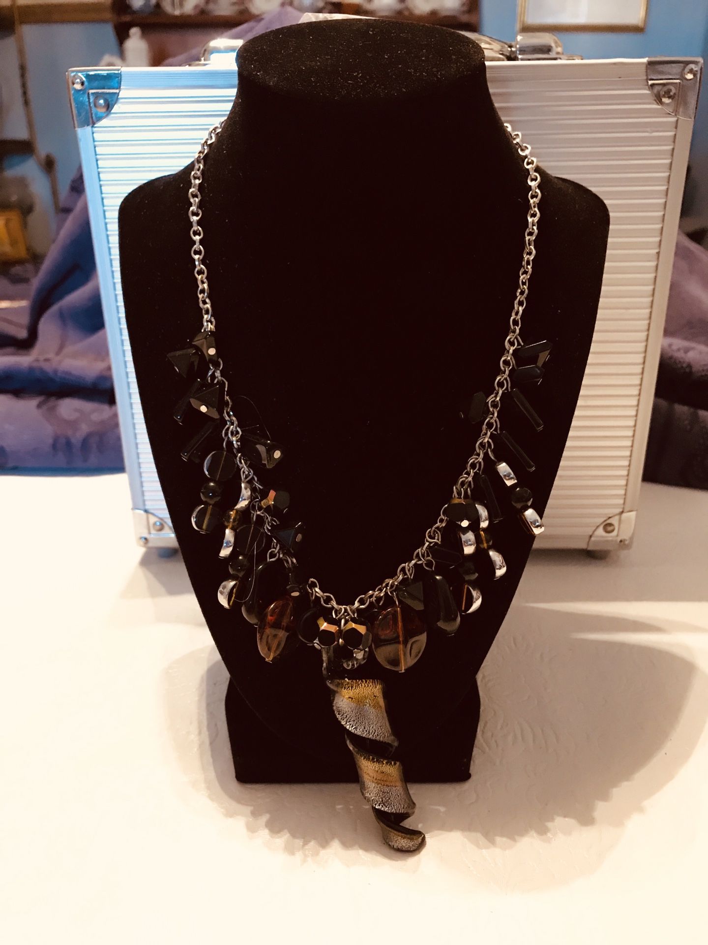 21” inch long Black, Amber and Iridescent color necklace