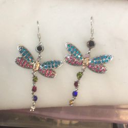 Multicolor Crystal Rhinestone Silver Plated Dragonfly Hook Earrings