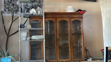 Vintage Wood China Cabinet with Glass Doors
