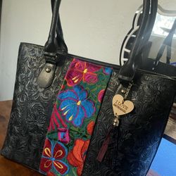 Floral Black Leather Purse 