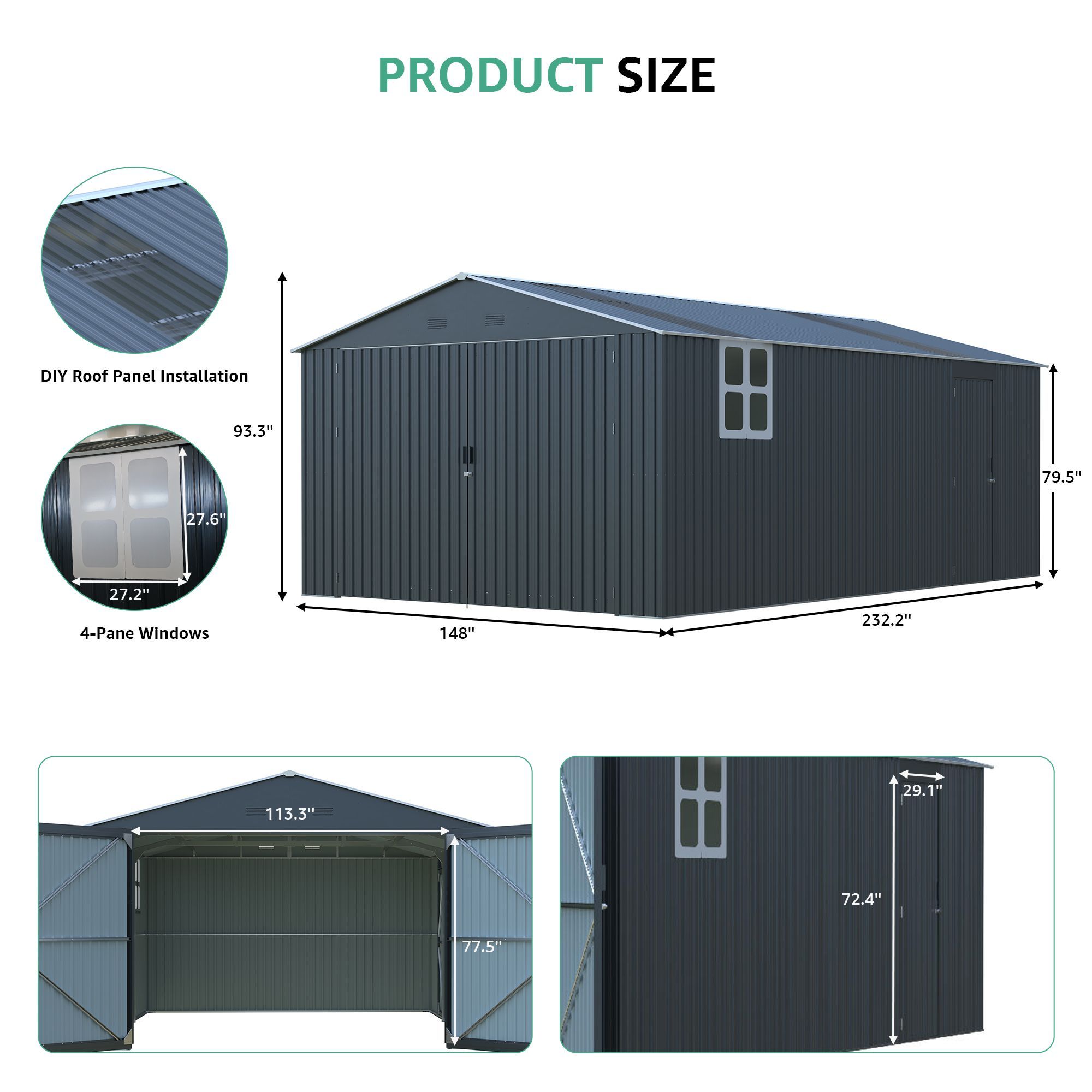 Upgraded 13x20FT Outdoor Storage Shed, Large Metal Garage Shed with Two Windows and Two Translucent Panels for Car, Truck, Bike, Lawnmower, Backyard T