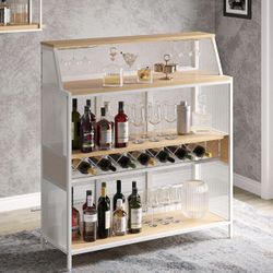  Home Bar Unit, 4 Tier Bar Cabinet with Footrest, Industrial Metal Liquor Cabinet with Wine Rack Storage Shelf, Buffet Cabinet for Home Kitchen Pub (W