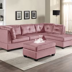FREE DELIVERY** PRETTY PINK VELVET SECTIONAL SOFA WITH OTTOMAN NEW IN BOX (ORDER HERE WITH ZERO DOWN )