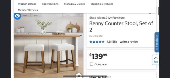 Benny Counter Stool, Set of 2 More dining tables chair appliances available w warranty