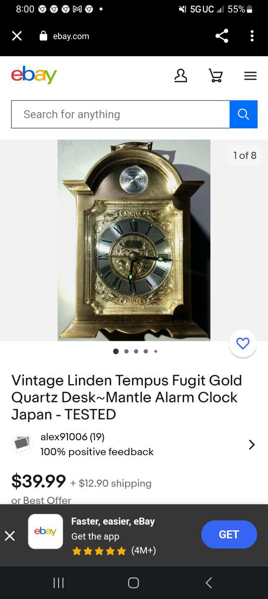 Vintage linden Tempus Fugit Gold Quartz Desk Mantel Clock