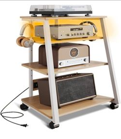 4-Tier Stereo Stand, AV Media Stand Cabinet Console Shelf with Power Strips and 2 Hooks, Audio-Video Rack Game Console Stand Media Organizer (Maple)