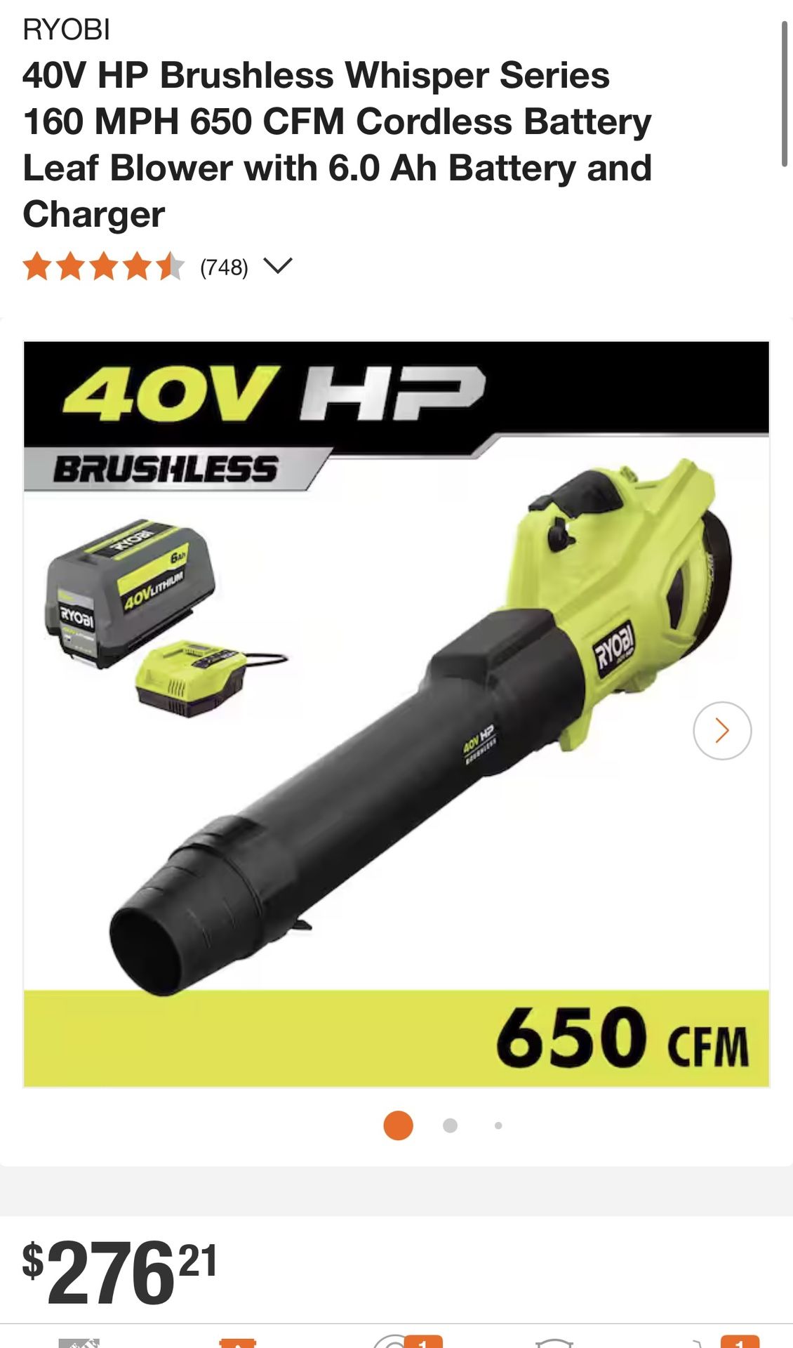 RYOBI 40V HP Brushless Whisper Series 160 MPH 650 CFM Cordless Battery Leaf Blower with 6.0 Ah Battery and Charger