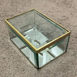 Vintage Mid Century Crystal Beveled Glass And Brass Mirrored Etched Trinket Keepsake Jewelry Box