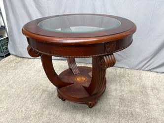 Cherry Finish Art Deco Round Glass Top Side Table