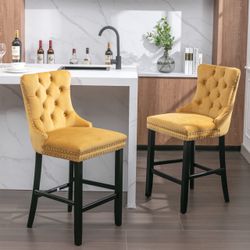 NEW Gecheer Contemporary Velvet Bar Stools Set of 2 with Button Tufted Design, Wooden Legs & Chrome