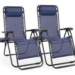 2-   Zero Gravity Lounge Chair Recliners for Patio, Pool w/ Cup Holder Tray - Navy Blue 