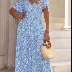 Long Blue Flowered Dress - Plus Size