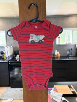 Baby Onesie Red Striped Dump Truck Bodysuit