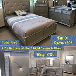 Super Deal 
4 Pcs Bedroom Set 
Champagne Color 
Faux Leather Headrest w/ Diamond
Crystal Diamonds On Front Drawers 
Includes Bed, 1 Night, Dresser & M