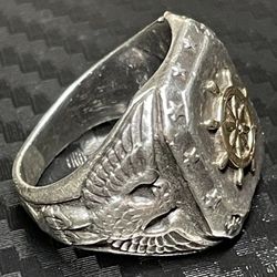 Sterling Silver Nautical Ring Eagle Ship Wheel Stars Naval Style Mens Vintage