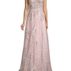 Gently worn only once, Beautiful Basix Black Label, Sheer Lace Embroidered Tulle Gown Dress size 0
Color Mauve.  Prom Dress