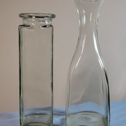 2 Clear Glass Square Based Tall Flower Vases